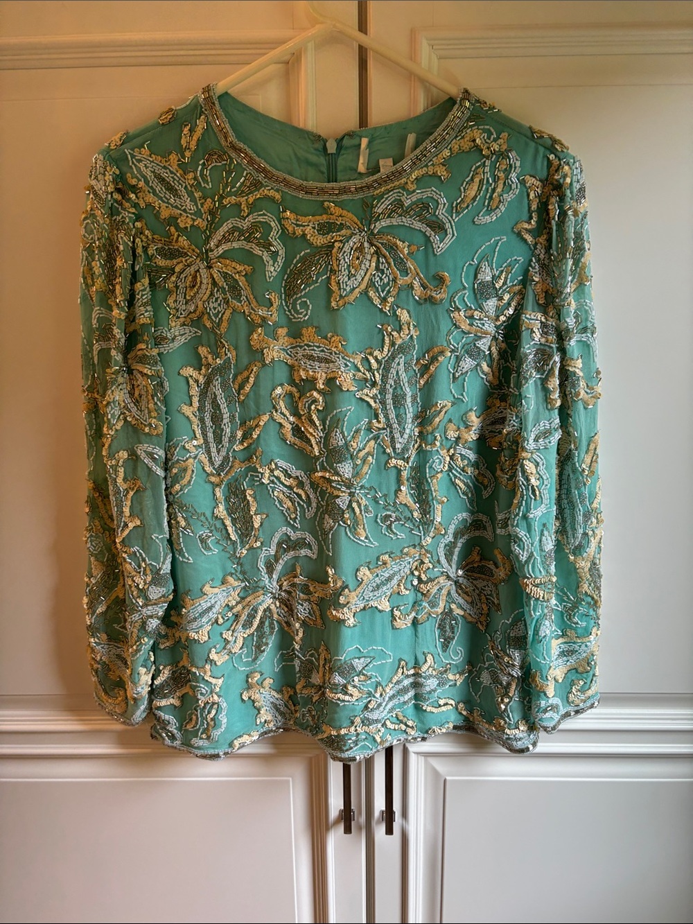 Embellished Teal Long-Sleeve Women's Top